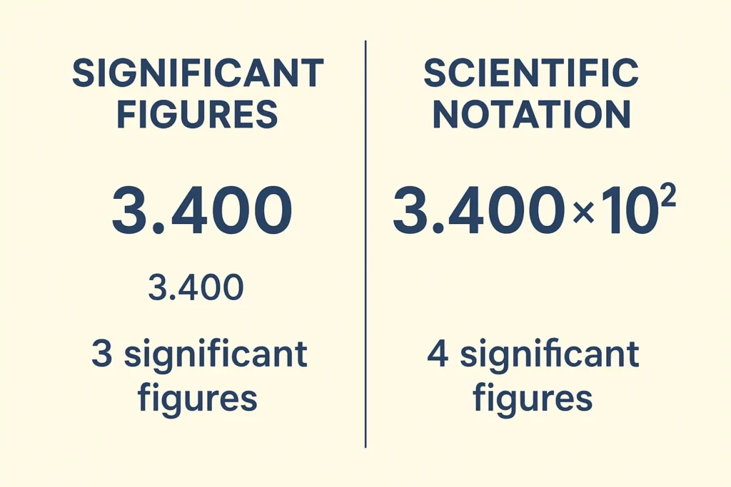 Comparison chart showing the relationship between significant figures and scientific notation — 3.400 with three significant figures and 3.400 × 10² with four significant figures