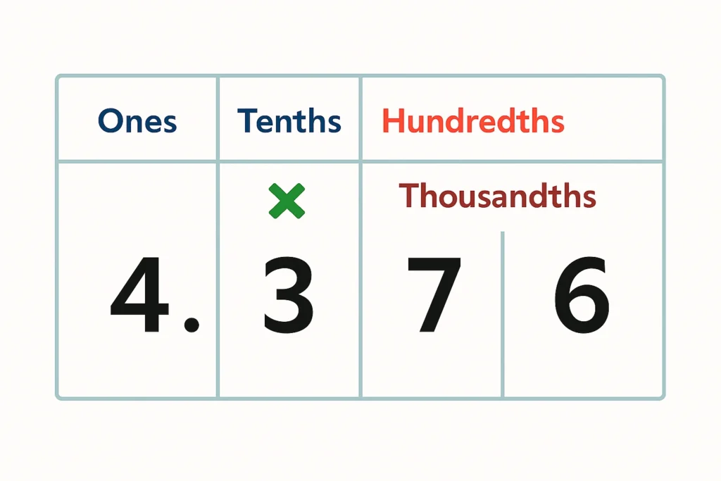 Decimal place value chart showing digits in ones, tenths, hundredths, and thousandths positions