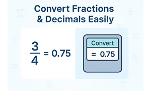 Featured image showing conversion between fractions and decimals with calculator example 34 = 0.75, educational math illustration