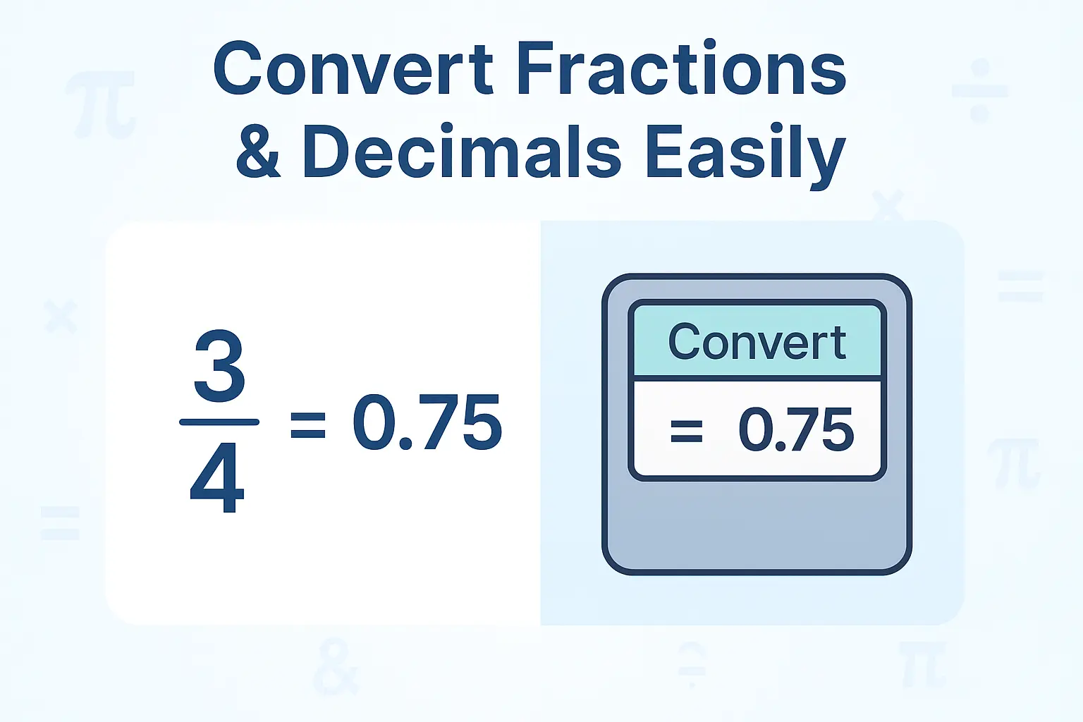 Featured image showing conversion between fractions and decimals with calculator example 34 = 0.75, educational math illustration