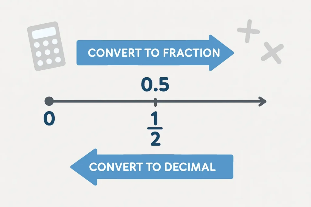 Illustration showing conversion between fractions and decimals with examples like 0.08 = 225 and 37 = 0.428, educational math concept