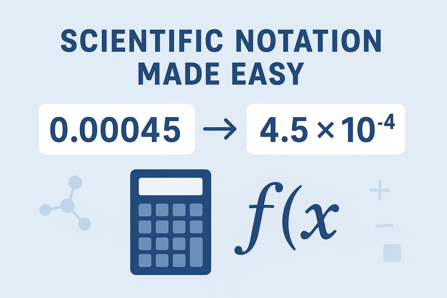 Illustration showing conversion of 0.00045 to 4.5 × 10⁻⁴ using a scientific notation calculator, representing how to convert numbers into scientific notation easily