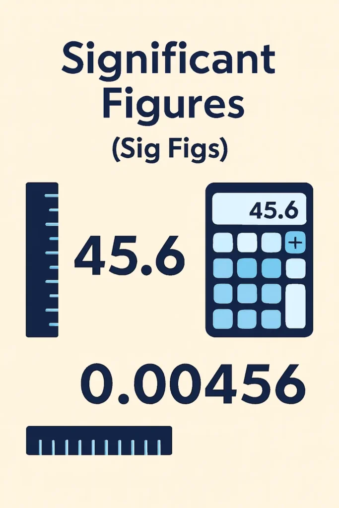 Infographic on significant figures (sig figs) with calculator, ruler, and number examples like 45.6 and 0.00456 for math and science precision