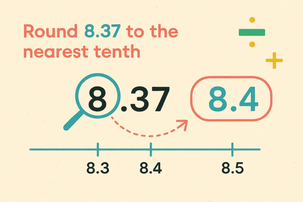 Number line example showing how to round decimals to the nearest tenth