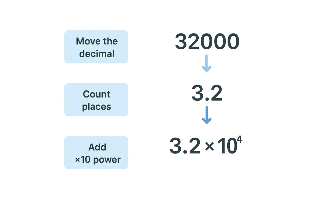 Step-by-step conversion of 32000 to scientific notation showing move decimal, count places, and add ×10 power steps resulting in 3.2 × 10⁴